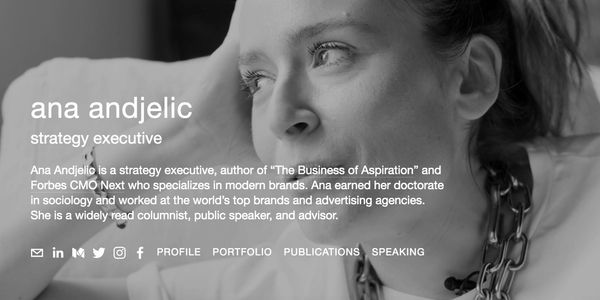 Homepage of Ana Andjelic’s personal website, introducing her as a strategy executive.