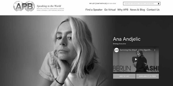 Ana Andjelic’s speaker profile page on the APB Speakers website.